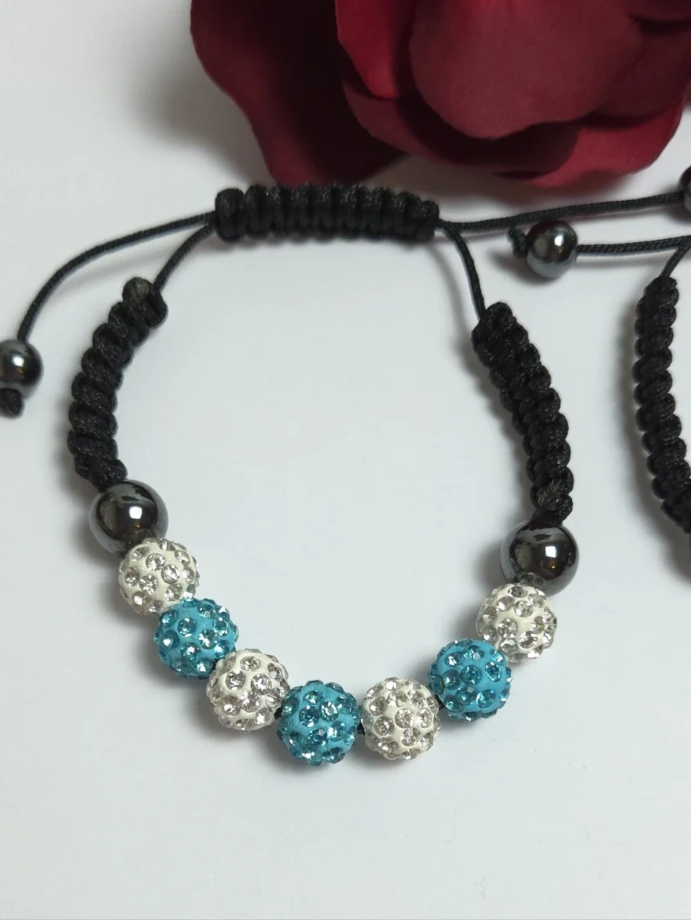 2 Handmade Shamballa Crystal Beaded Macrame Bracelets Light & Dark Blue